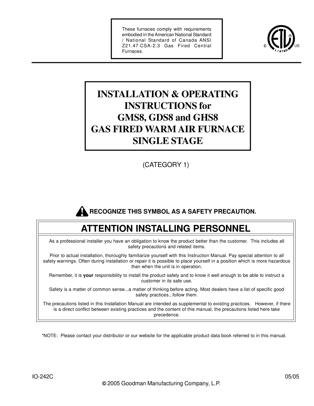 Goodman Mfg GHS8, GDS8, GMS8 instruction manual Installation & Operating 