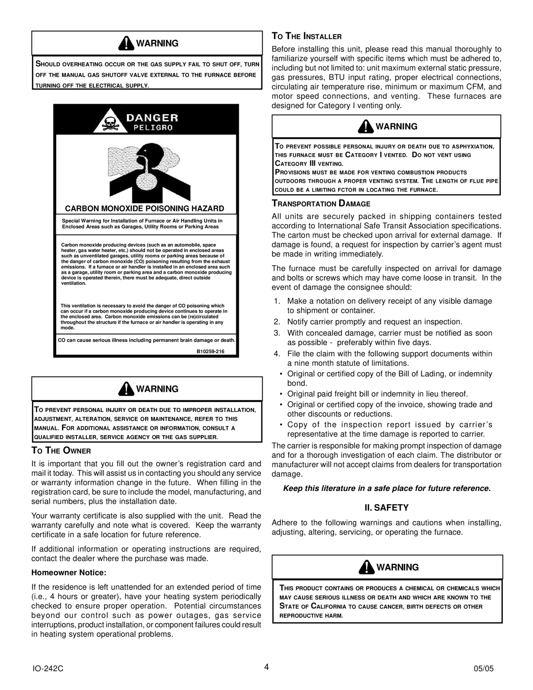 Goodman Mfg GHS8, GDS8, GMS8 II. Safety, Homeowner Notice, To the Owner, To the Installer, Transportation Damage 