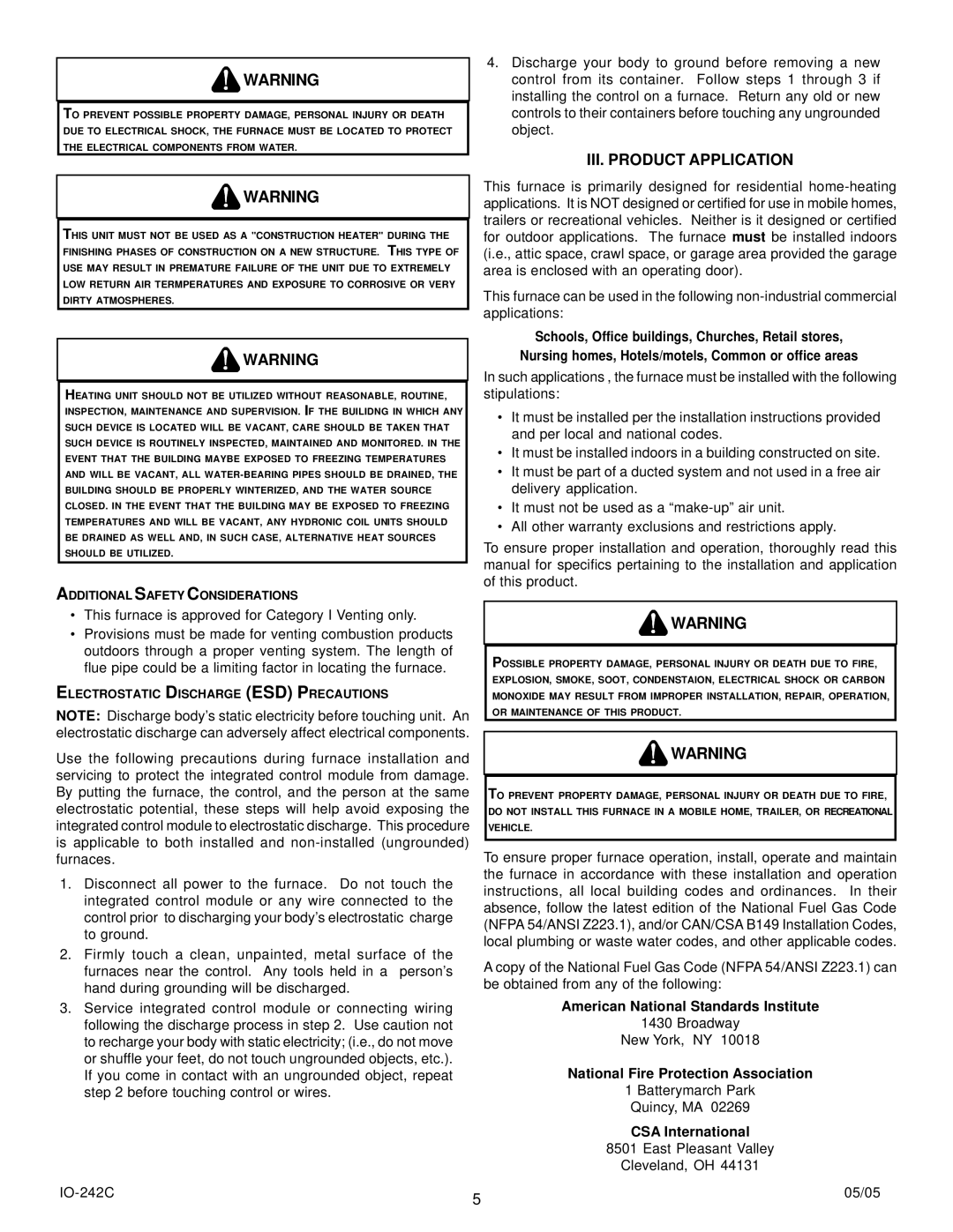 Goodman Mfg GMS8 III. Product Application, American National Standards Institute, National Fire Protection Association 