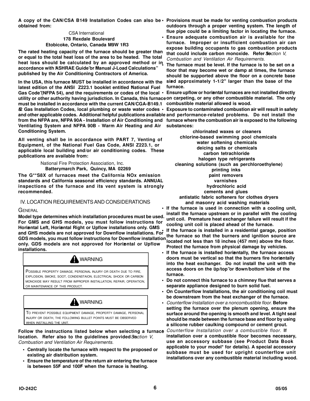 Goodman Mfg GDS8, GHS8 IV. Location Requirements and Considerations, National Fire Protection Association, Inc, General 