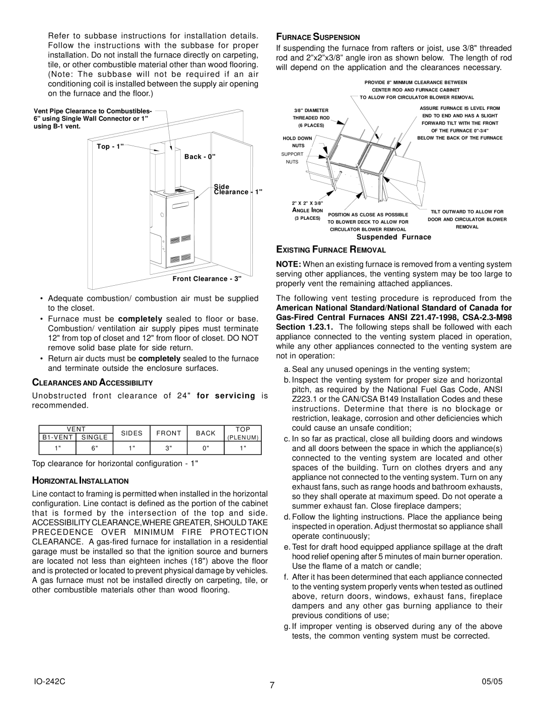 Goodman Mfg GHS8, GDS8 Suspended Furnace, Clearances and Accessibility, Horizontal Installation, Existing Furnace Removal 