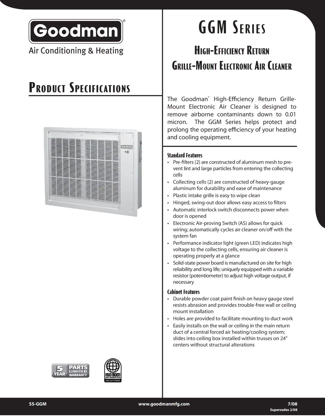 Goodman Mfg GGM Series specifications Ggm Se R I E S, HIGH-EFFICIENCY Return, Standard Features, Cabinet Features 