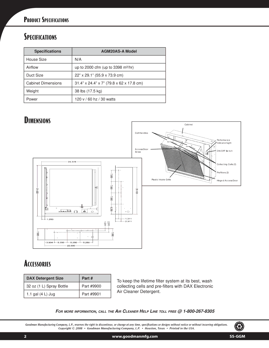 Goodman Mfg GGM Series Specifications, Dimensions Accessories, Speciﬁcations AGM20AS-A Model, DAX Detergent Size 