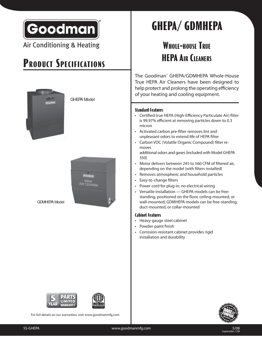 Goodman Mfg GDMHEPA specifications GHEPA/ Gdmhepa 