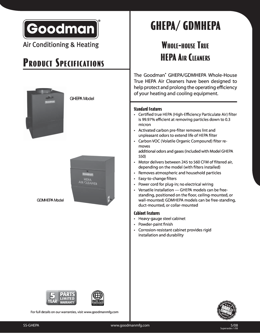 Goodman Mfg GDMHEPA specifications Ghepa/ Gdmhepa, Product Specifications, Whole-House True Hepa Air Cleaners, GHEPA Model 