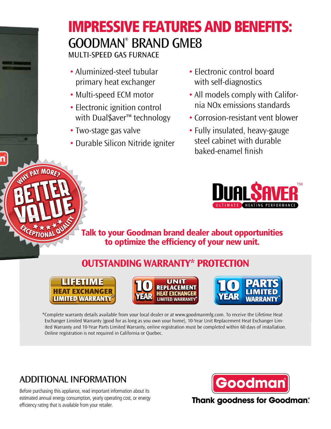 Goodman Mfg Gas Furnace, GME8 manual Impressive Features and benefits, Additional Information 