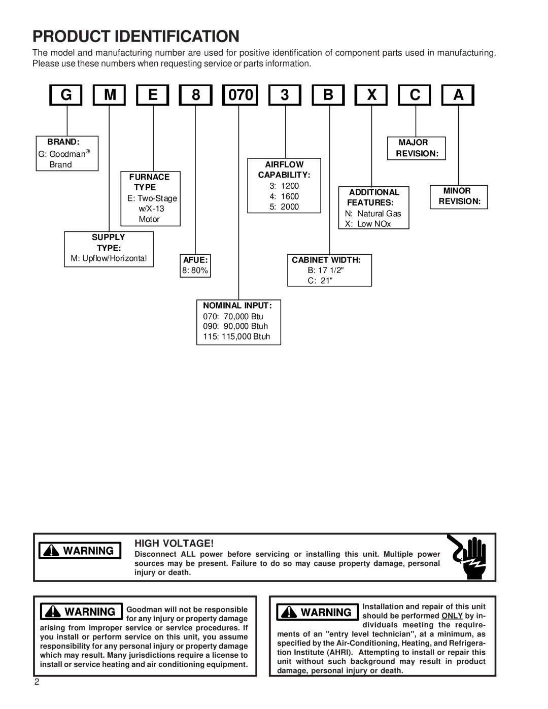 Goodman Mfg GME8 service manual Product Identification, 070 