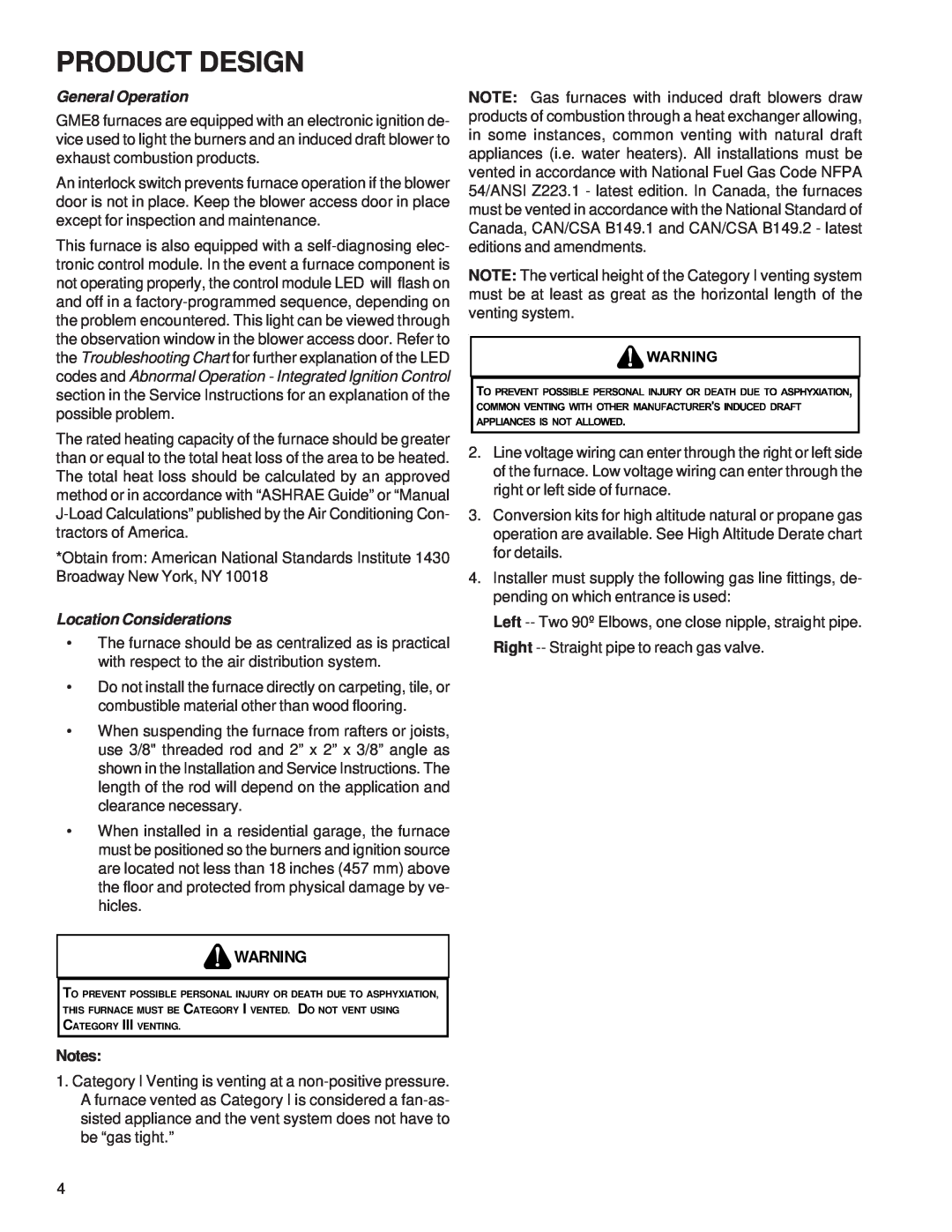 Goodman Mfg GME8 service manual Product Design, General Operation, Location Considerations 