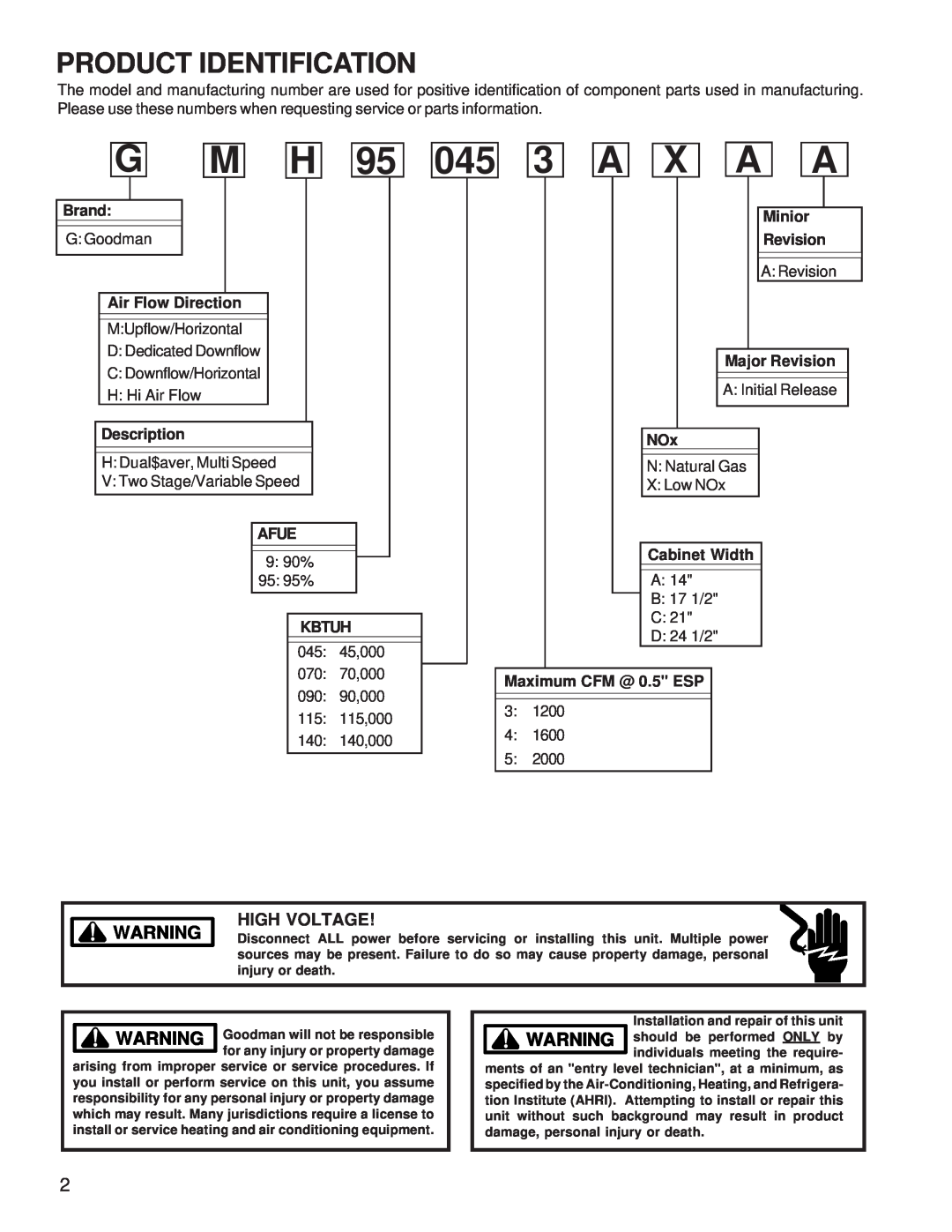 Goodman Mfg GMH95 service manual A X A A, Product Identification, High Voltage 