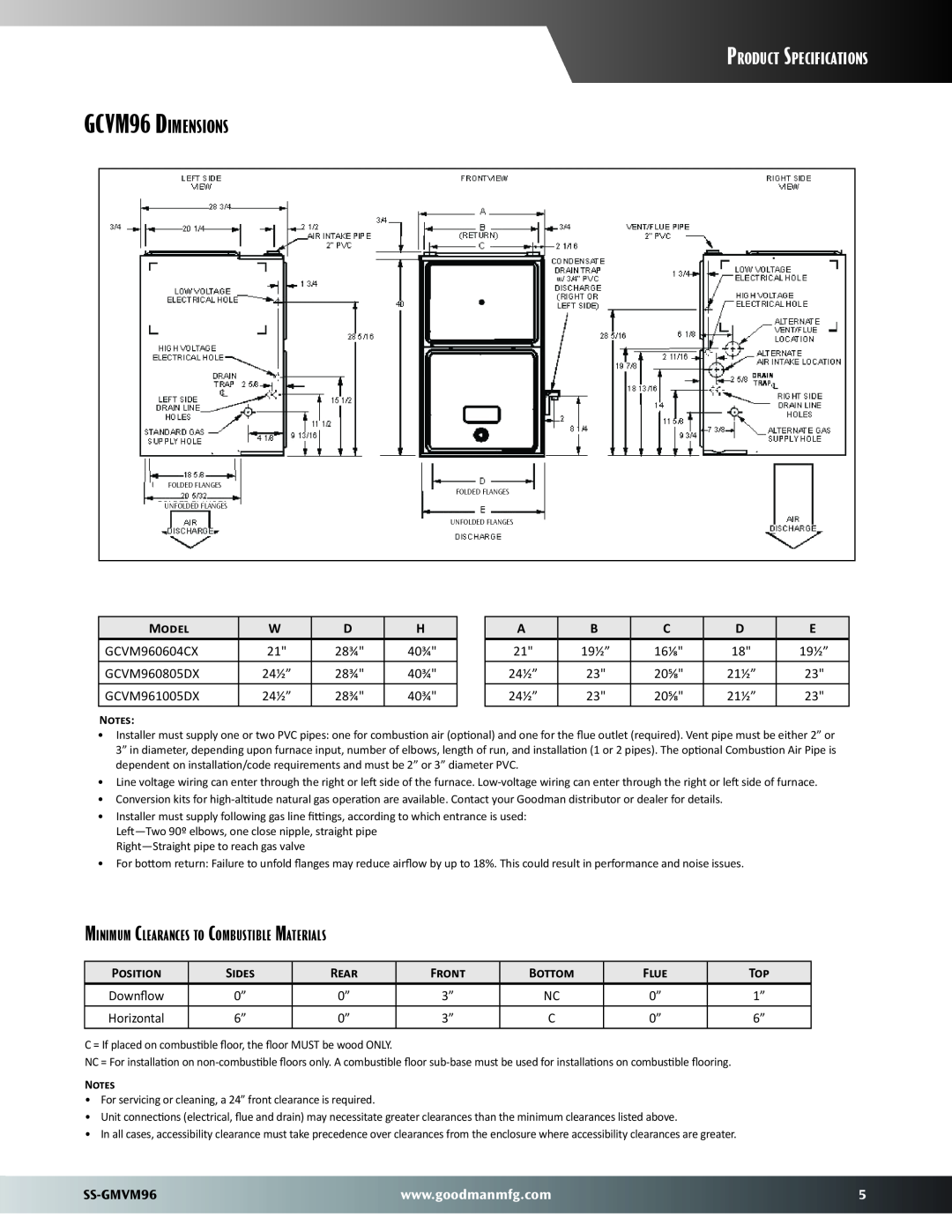 Goodman Mfg dimensions GCVM96 Dimensions, Product Specifications, Minimum Clearances to Combustible Materials, SS-GMVM96 