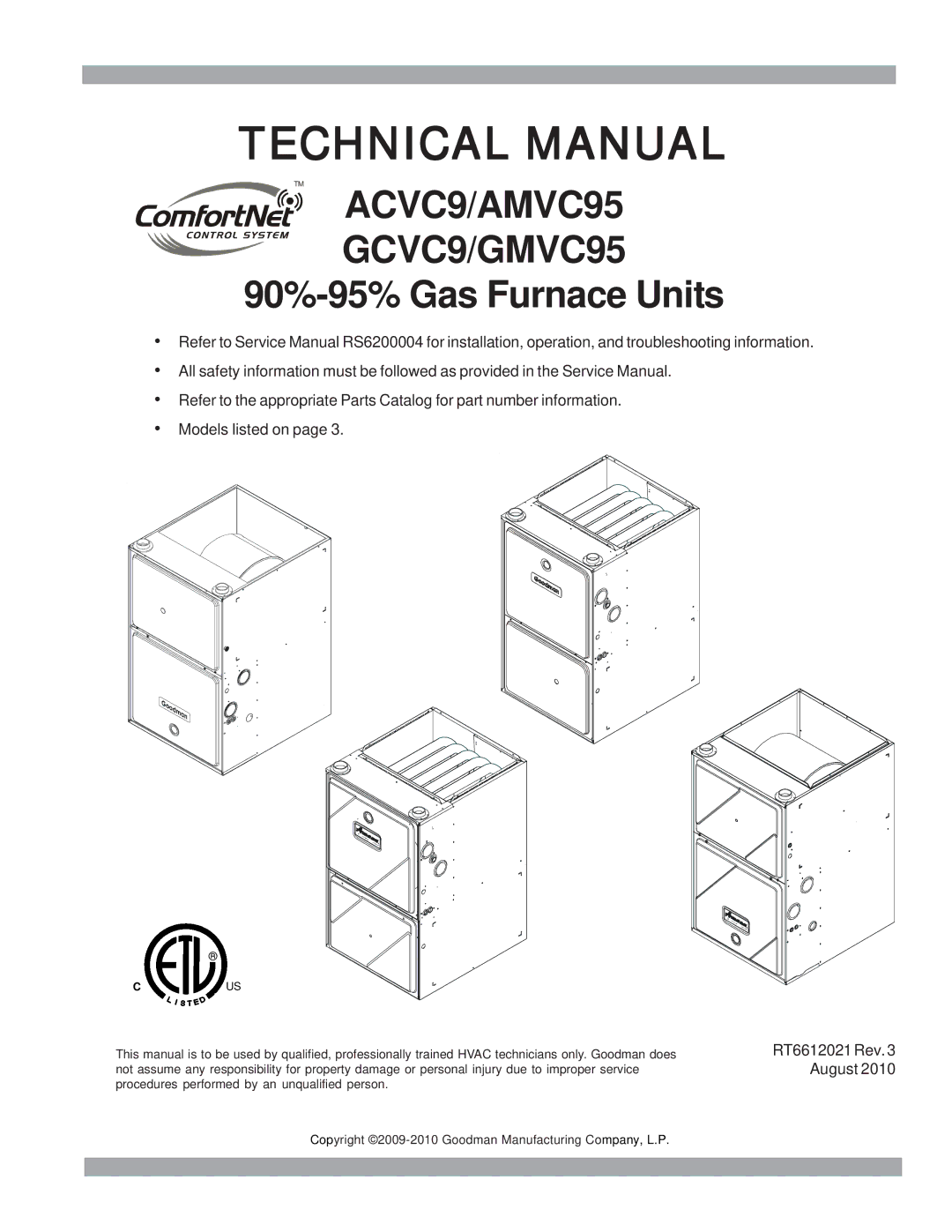 Goodman Mfg ACVC9/AMVC95, GCVC9/GMVC95, Goodman 90%-95% Gas Furnace Units service manual Technical Manual 