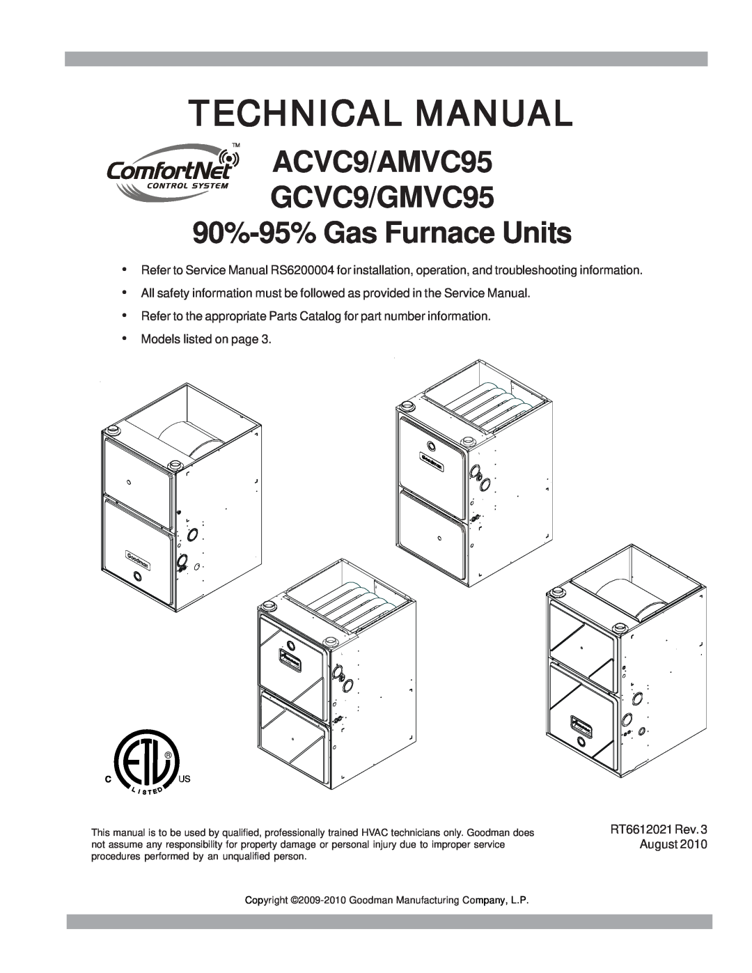 Goodman Mfg service manual Technical Manual, TMACVC9/AMVC95 GCVC9/GMVC95, 90%-95%Gas Furnace Units 