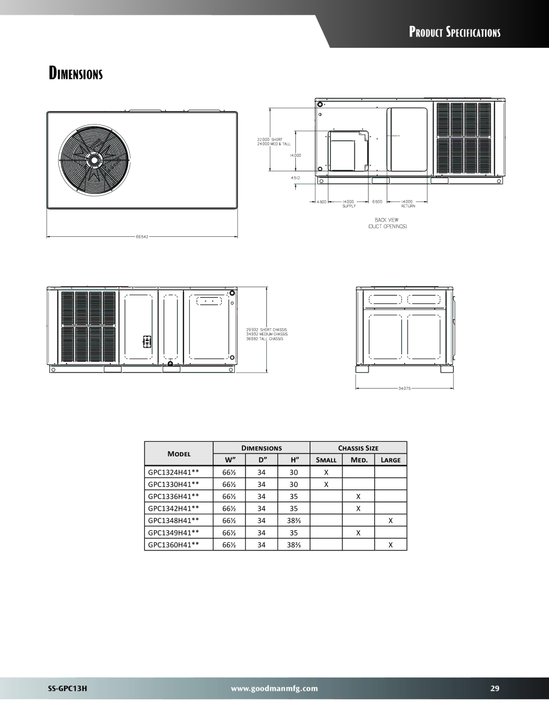 Goodman Mfg GPC13H warranty Model Dimensions Chassis Size Small Med Large 