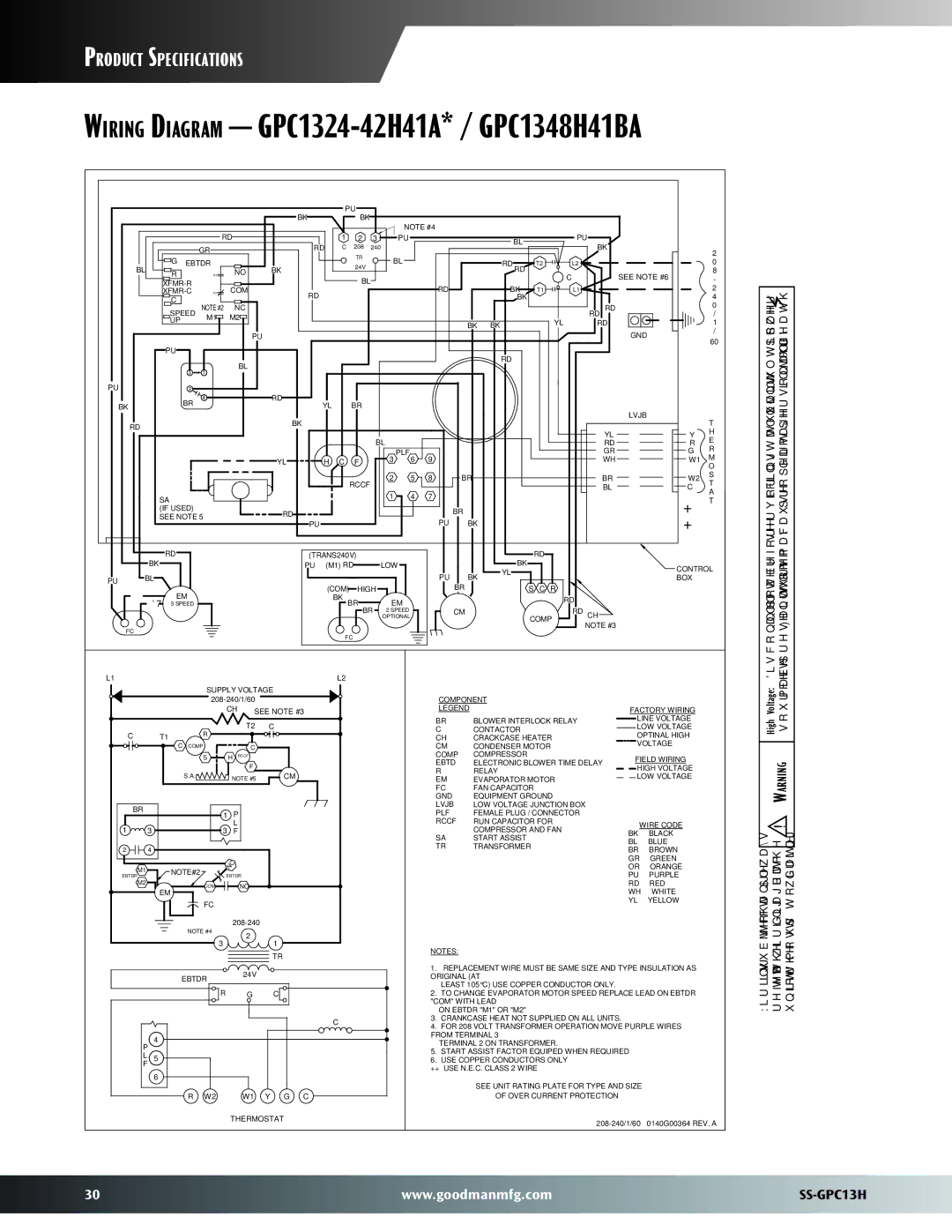 Goodman Mfg GPC13H warranty Wiring Diagram GPC1324-42H41A* / GPC1348H41BA, See Note #6 