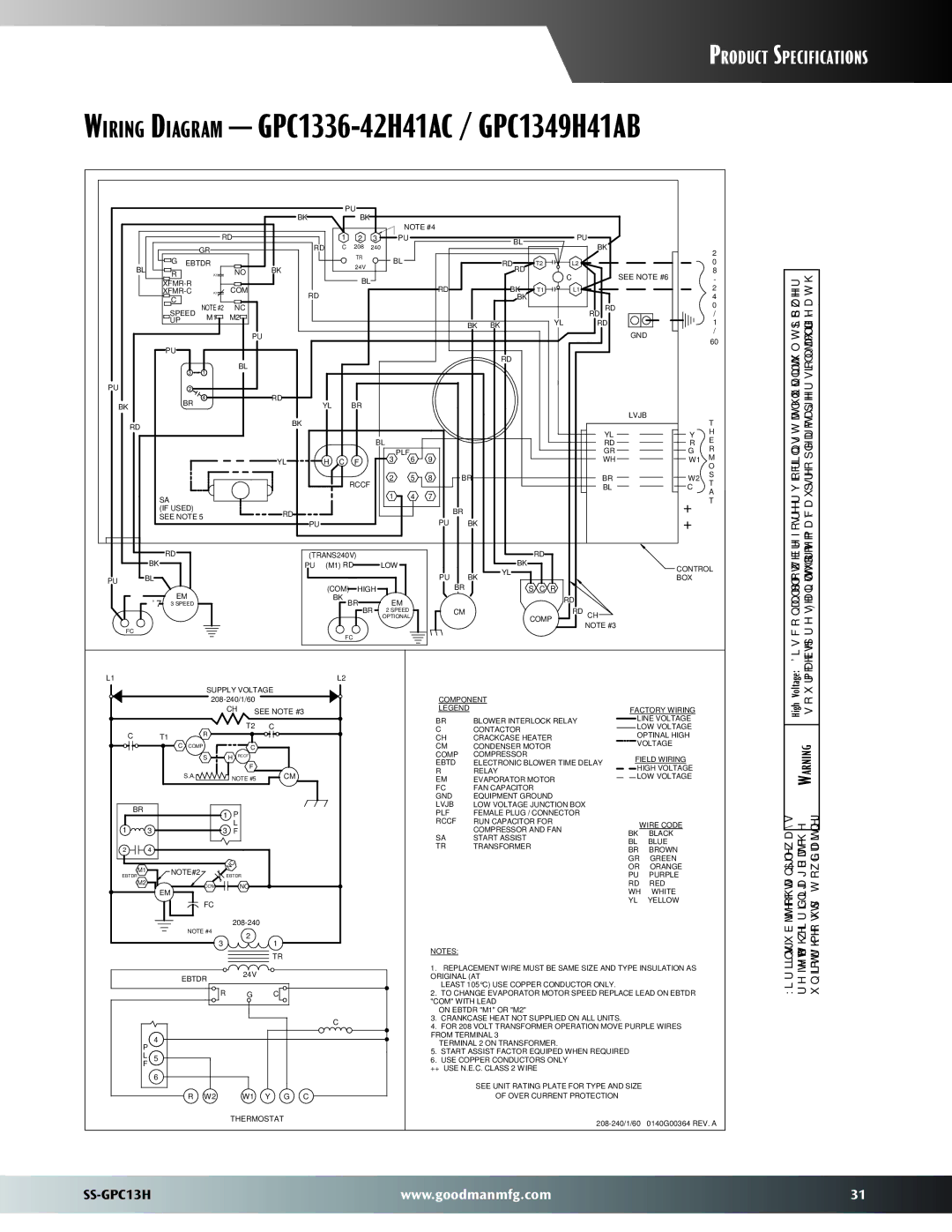 Goodman Mfg GPC13H warranty Wiring Diagram GPC1336-42H41AC / GPC1349H41AB, See Note #3 