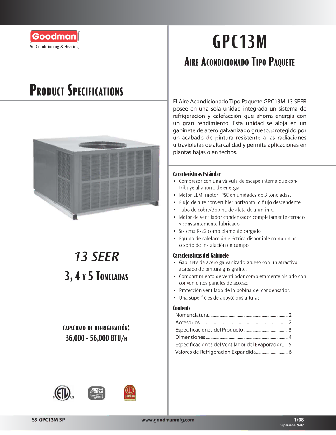 Goodman Mfg GPC13M specifications 36,000 56,000 BTU/H 