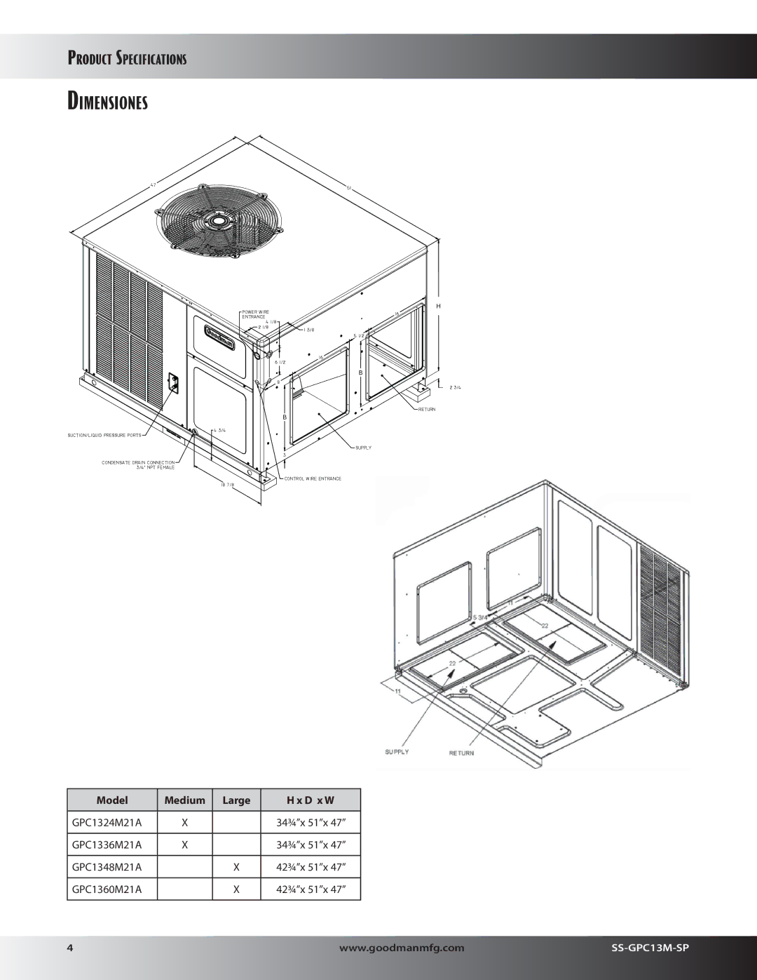 Goodman Mfg GPC13M specifications Dimensiones, Model Medium Large D x W 