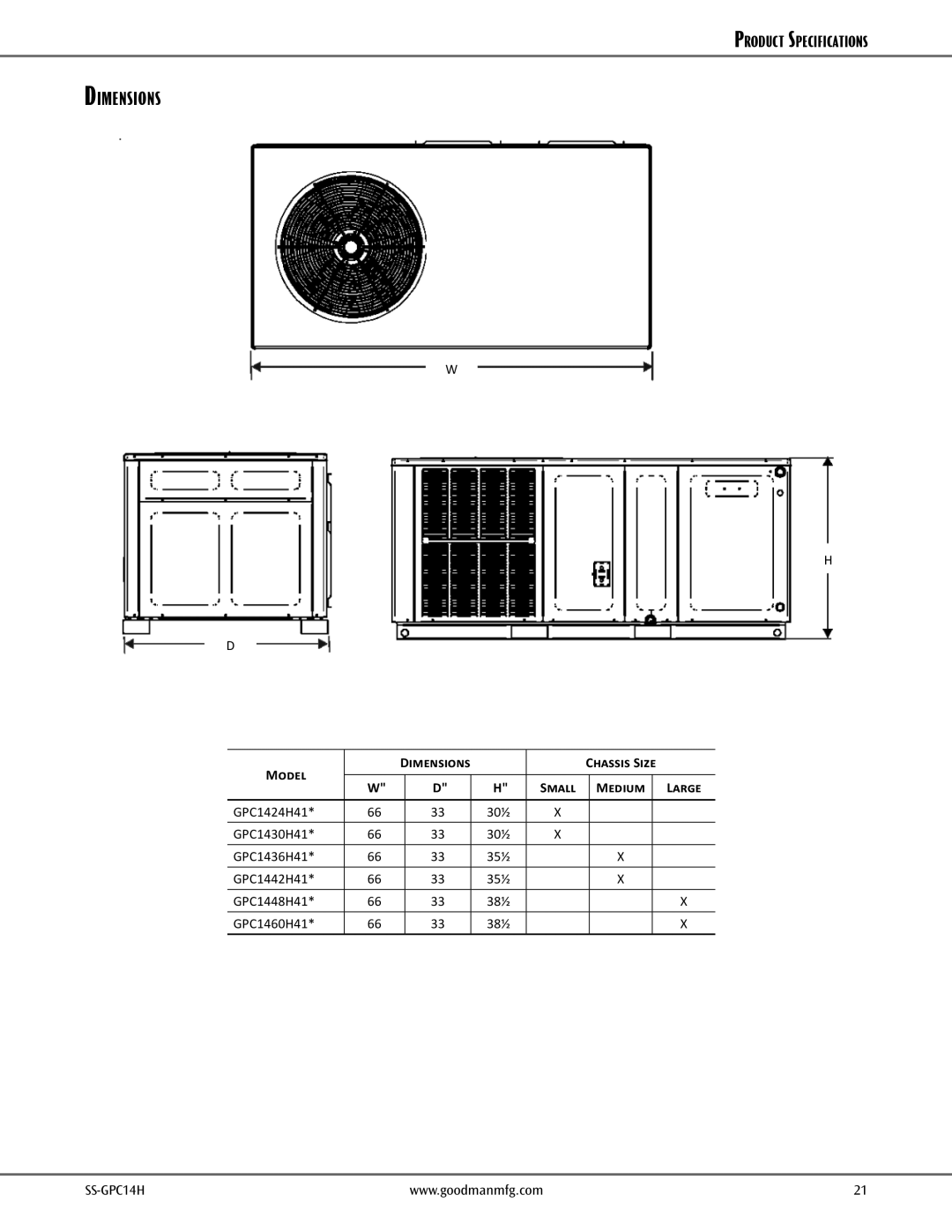 Goodman Mfg 2- to 5-Tone Packaged Air Conditioner, GPC14H warranty Model Dimensions Chassis Size Small Medium Large 