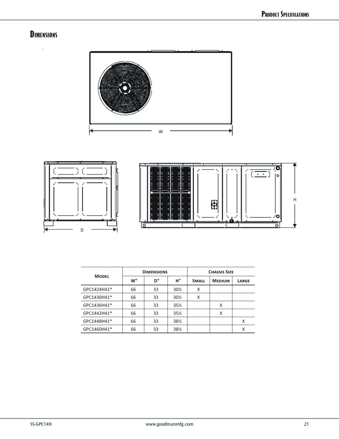 Goodman Mfg 2- to 5-Tone Packaged Air Conditioner Dimensions, Product Specifications, Model, Chassis Size, Small, Medium 