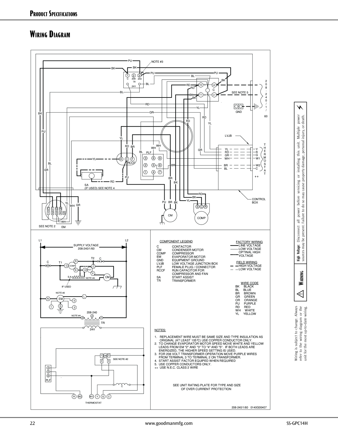 Goodman Mfg Wiring Diagram, Product Specifications, death.power, Multiple, injury, or, SS-GPC14H, Disconnect, present 