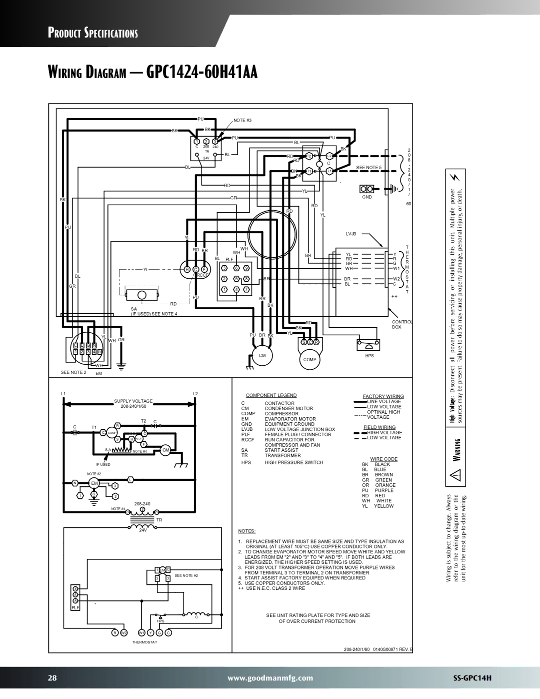 Goodman Mfg GPC14H warranty Wiring Diagram GPC1424-60H41AA 