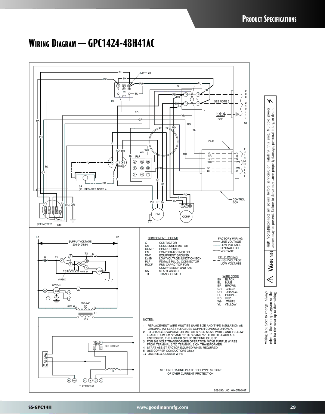 Goodman Mfg GPC14H warranty Wiring Diagram GPC1424-48H41AC 