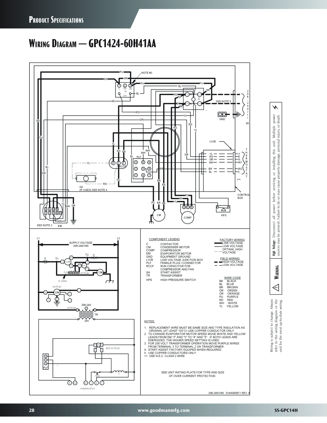 Goodman Mfg warranty Wiring Diagram - GPC1424-60H41AA, Product Specifications, SS-GPC14H, Disconnect, be present 