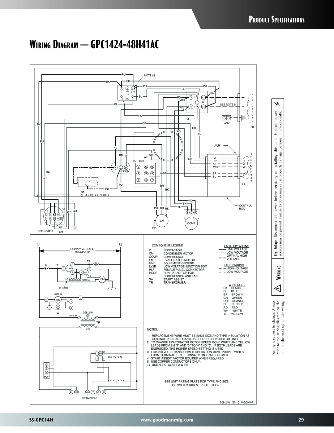 Goodman Mfg warranty Wiring Diagram - GPC1424-48H41AC, Product Specifications, SS-GPC14H, Disconnect, be present 