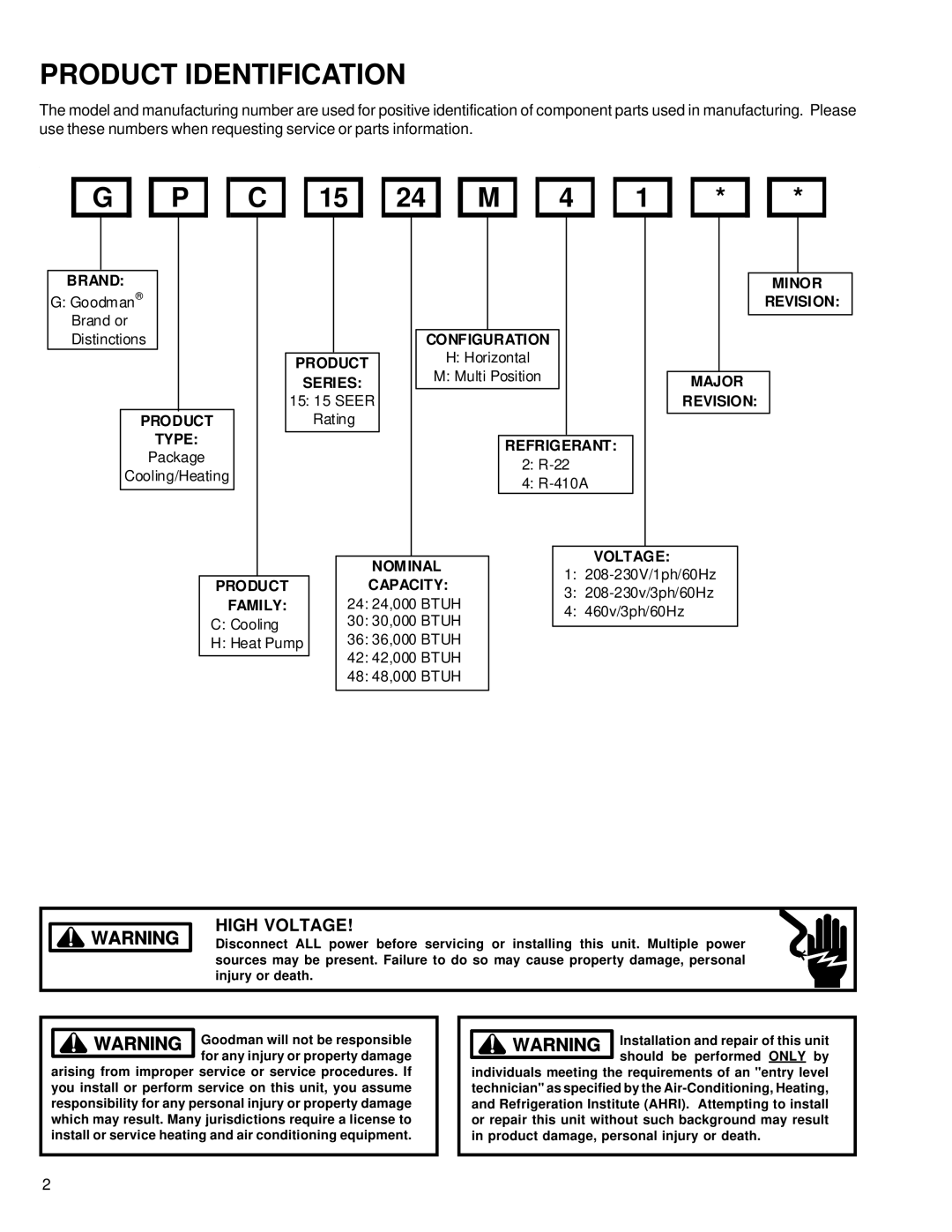 Goodman Mfg GPC15 SEER Product Identification, Goodman will not be responsible, For any injury or property damage 