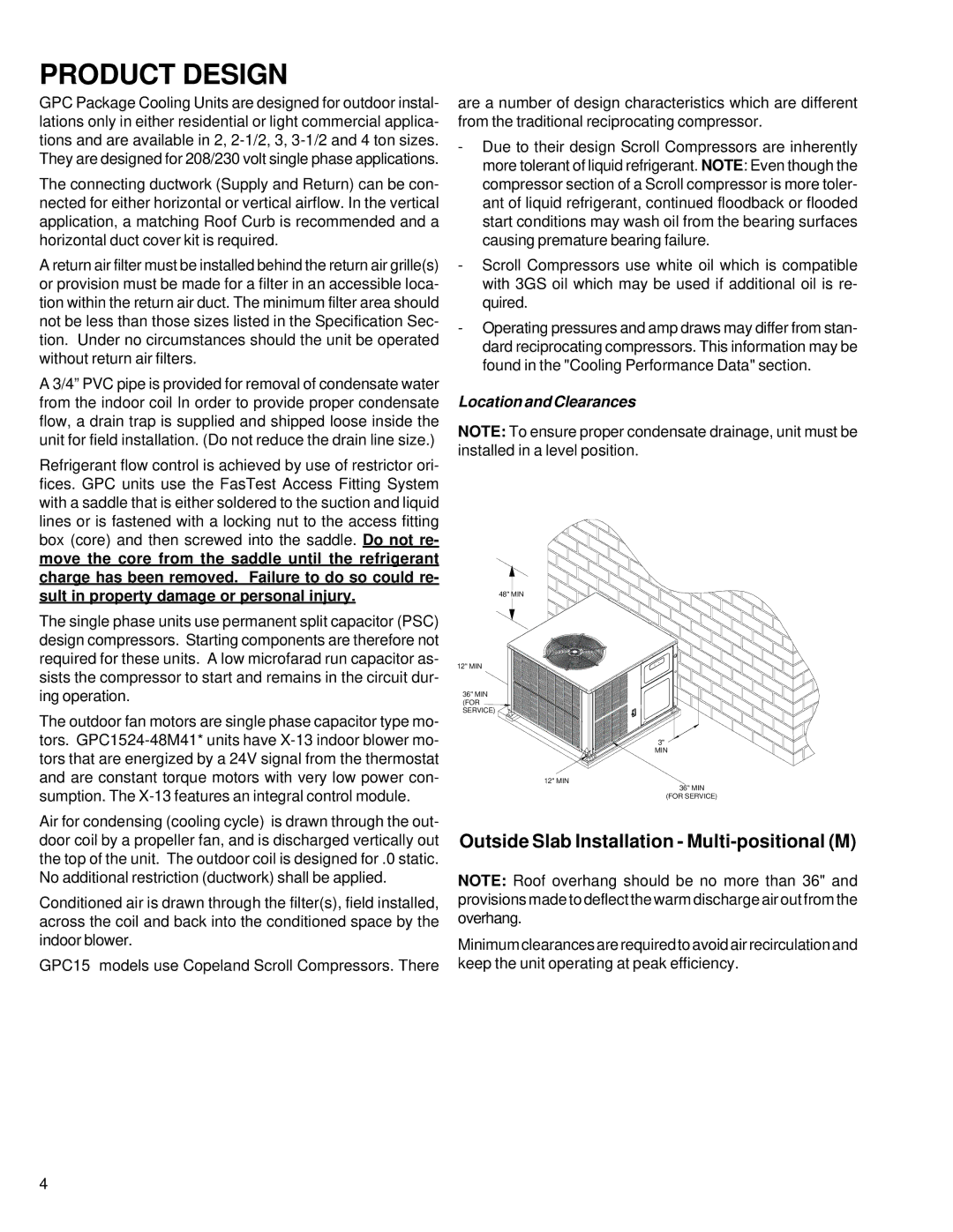 Goodman Mfg GPC15 SEER service manual Product Design, Location and Clearances 