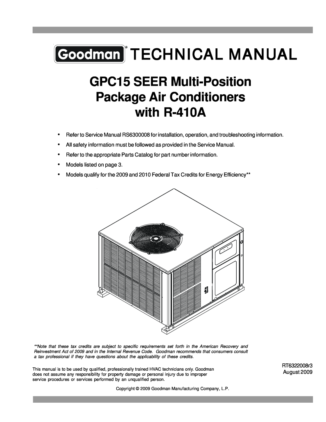 Goodman Mfg service manual Technical Manual, GPC15 SEER Multi-Position, Package Air Conditioners with R-410A 