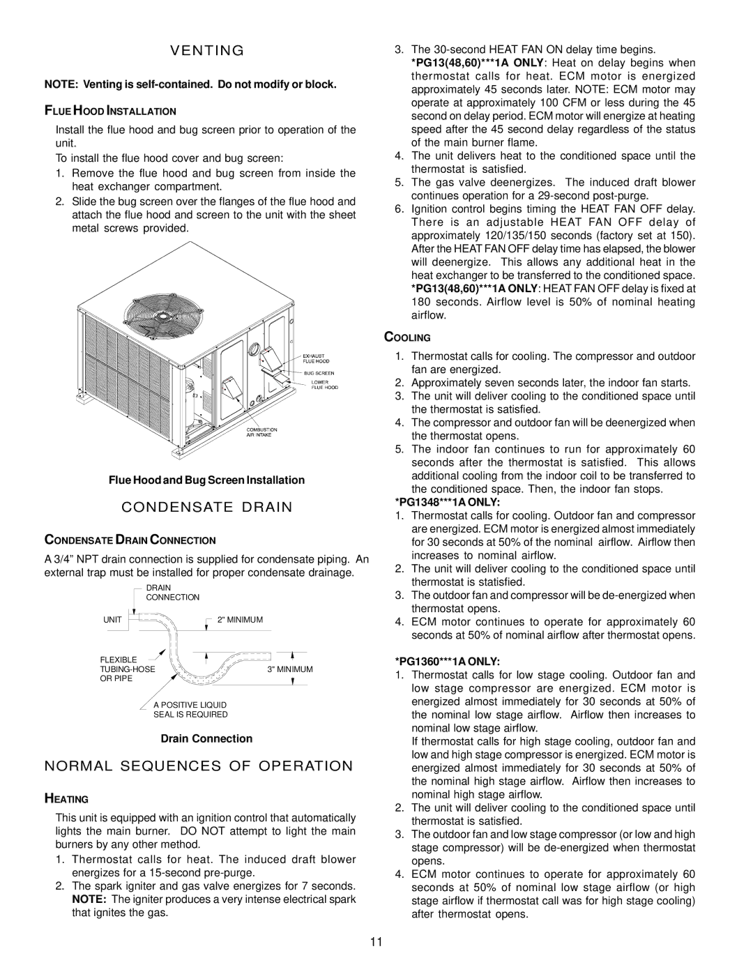 Goodman Mfg GPG13 installation manual Venting, Condensate Drain, Normal Sequences of Operation 