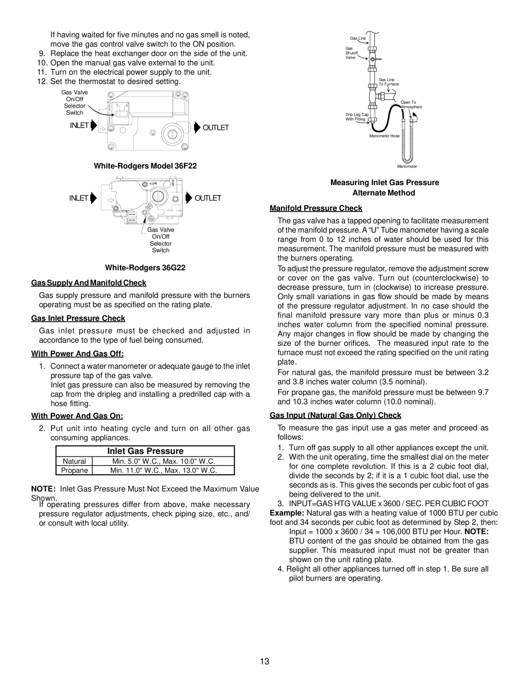 Goodman Mfg GPG13 White-Rodgers Model 36F22, White-Rodgers 36G22 Gas Supply And Manifold Check, Gas Inlet Pressure Check 