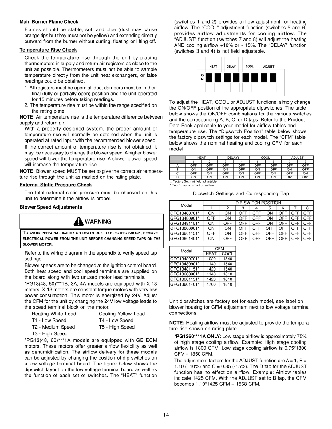 Goodman Mfg GPG13 installation manual Main Burner Flame Check, Temperature Rise Check, External Static Pressure Check 