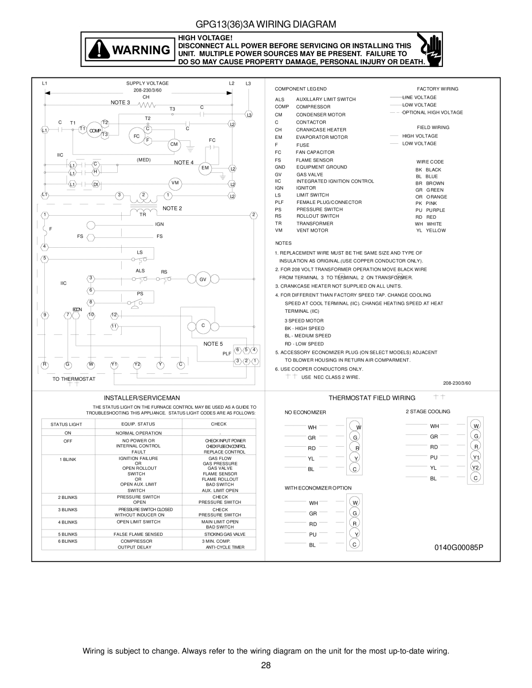 Goodman Mfg GPG13 installation manual 0140G00085P 