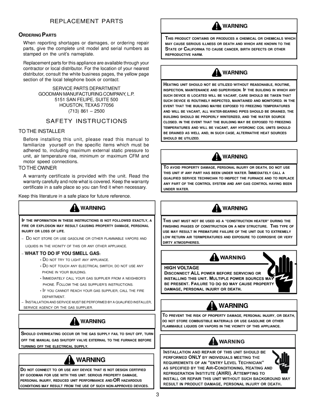 Goodman Mfg GPG13 installation manual Replacement Parts, Safety Instructions 