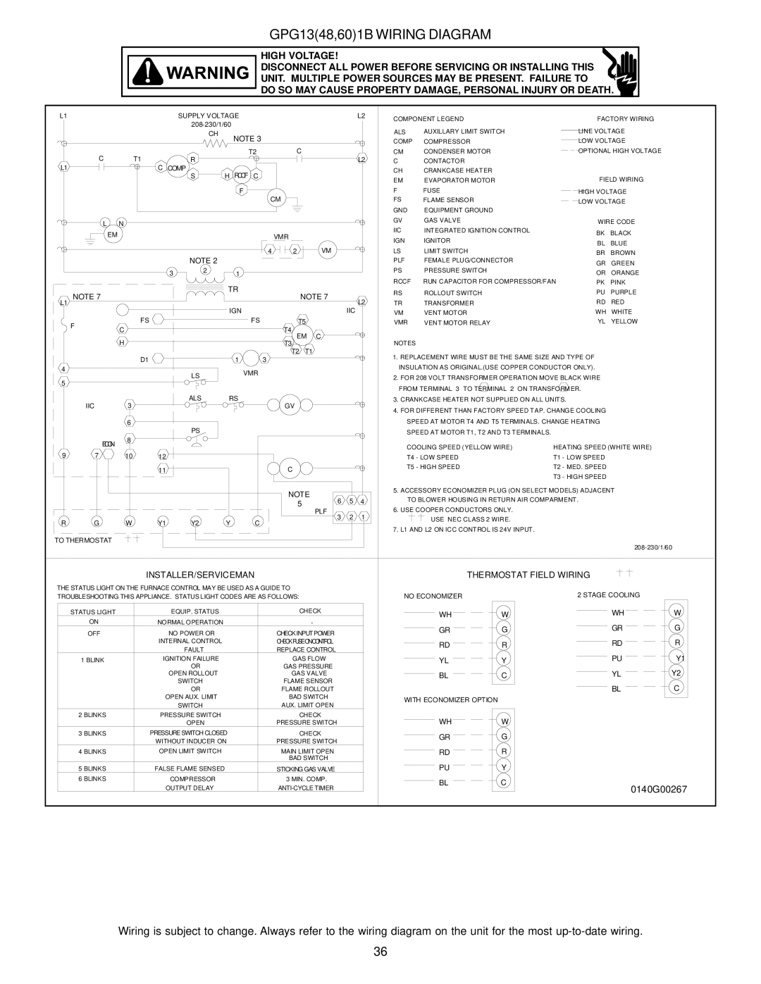 Goodman Mfg GPG13 installation manual INSTALLER/SERVICEMAN Thermostat Field Wiring 