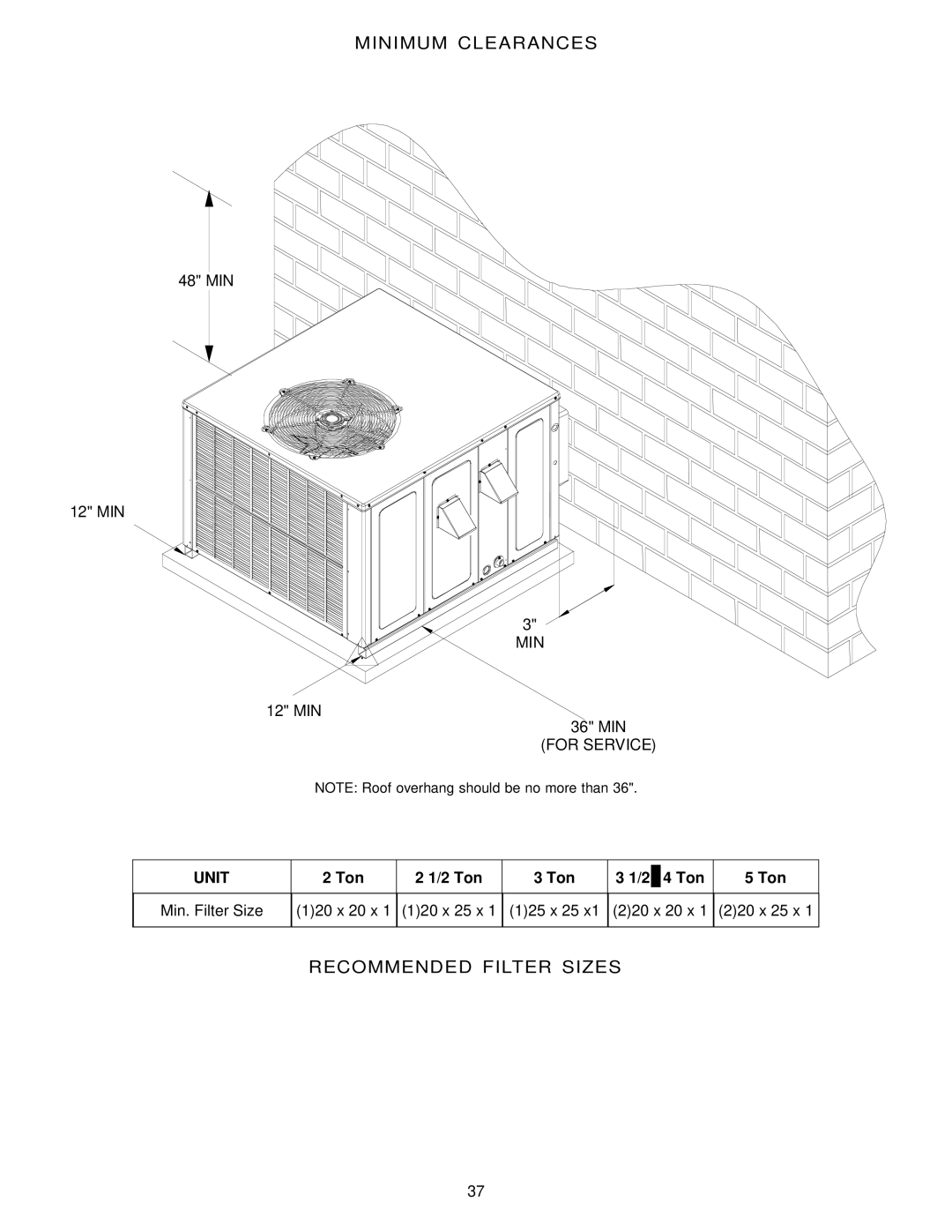 Goodman Mfg GPG13 installation manual Minimum Clearances, Recommended Filter Sizes 