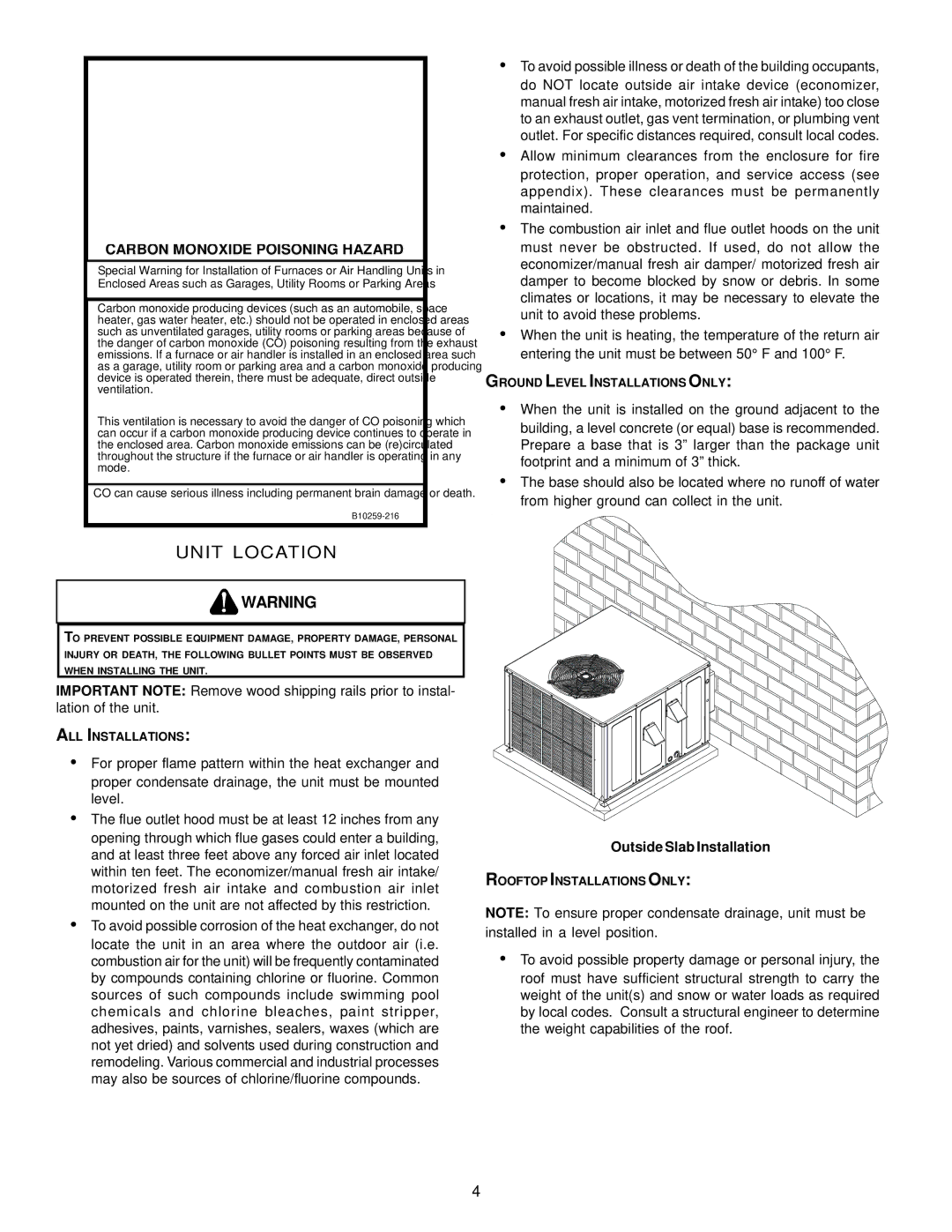 Goodman Mfg GPG13 installation manual Unit Location, Outside Slab Installation 