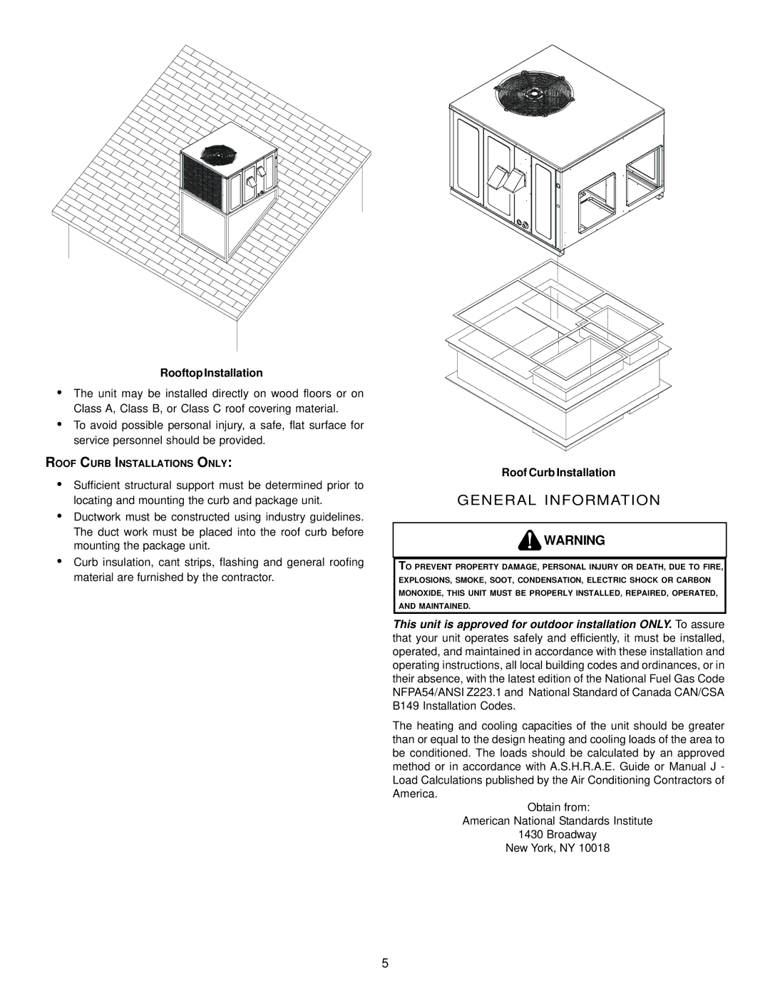 Goodman Mfg GPG13 installation manual General Information, Rooftop Installation, Roof Curb Installation 