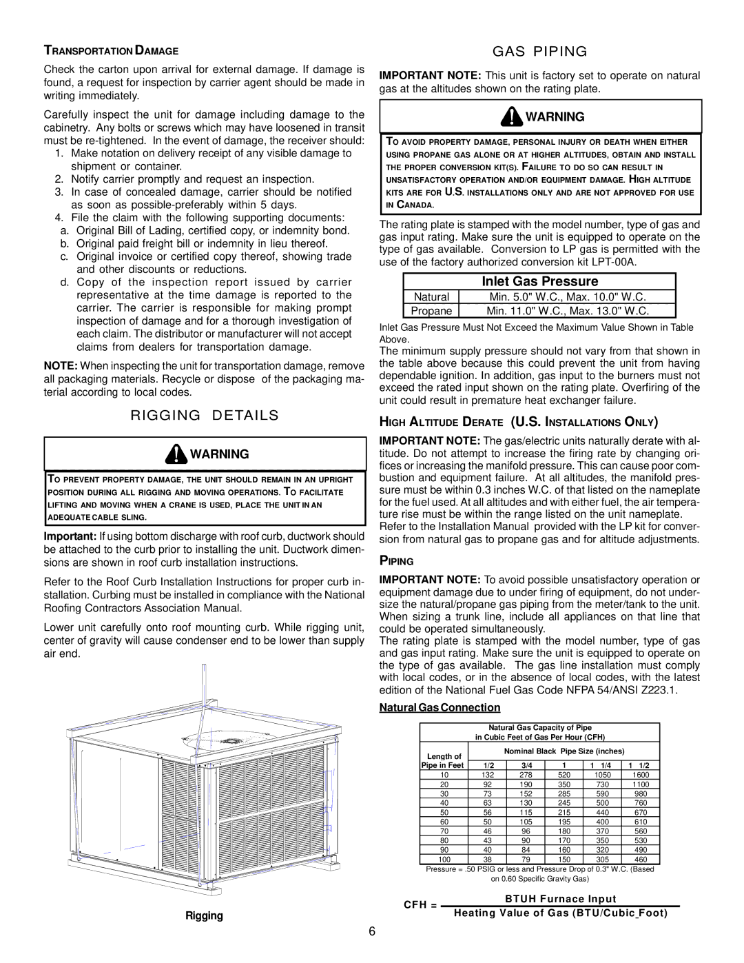 Goodman Mfg GPG13 installation manual Rigging Details, GAS Piping, Natural Gas Connection 