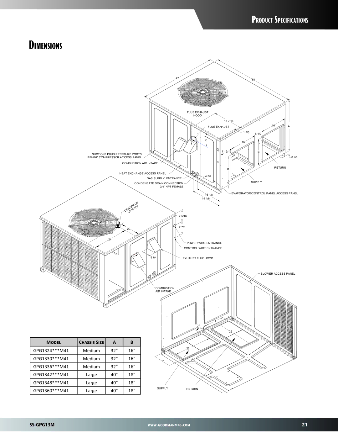 Goodman Mfg GPG13M warranty Dimensions, Medium, Large 