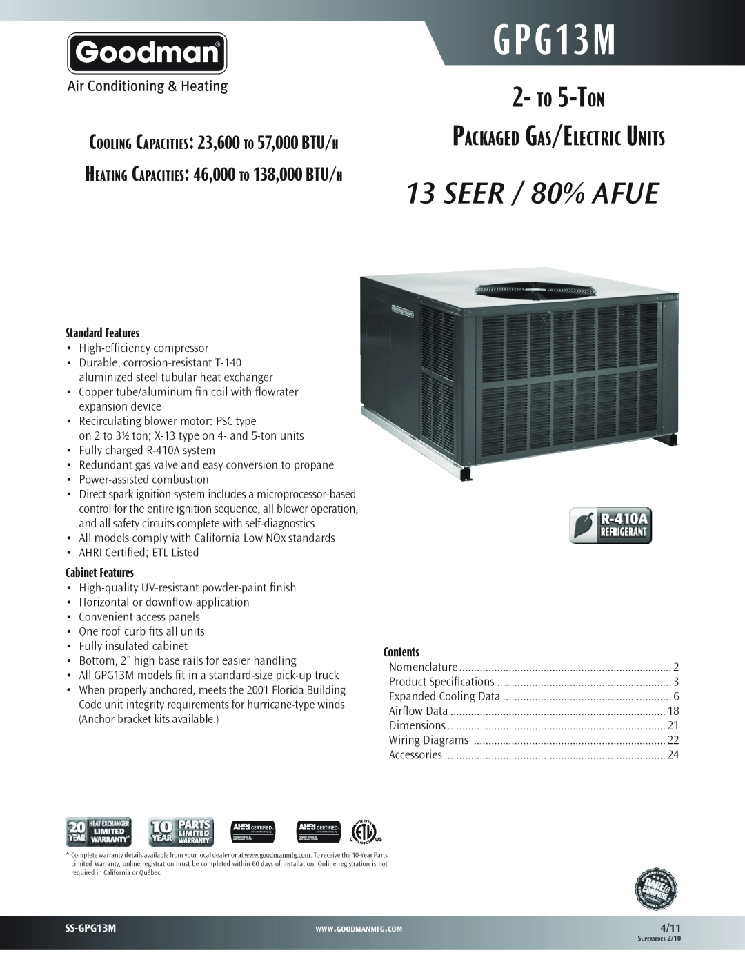 Goodman Mfg GPG13M warranty SEER / 80% AFUE, to 5-Ton, Packaged Gas/Electric Units, Standard Features, Cabinet Features 