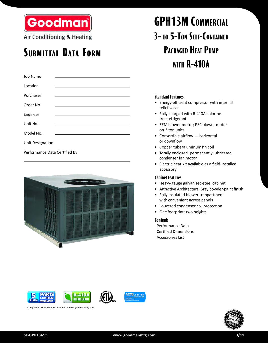 Goodman Mfg GPH13M dimensions With R-410A 