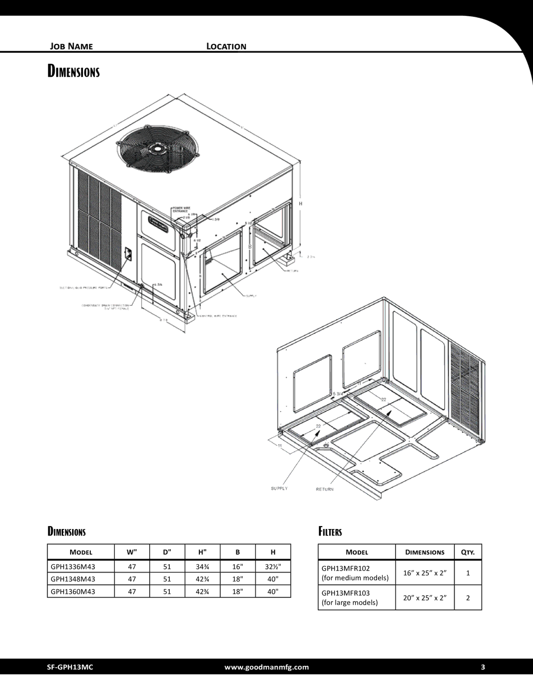 Goodman Mfg GPH13M dimensions Model Dimensions Qty 