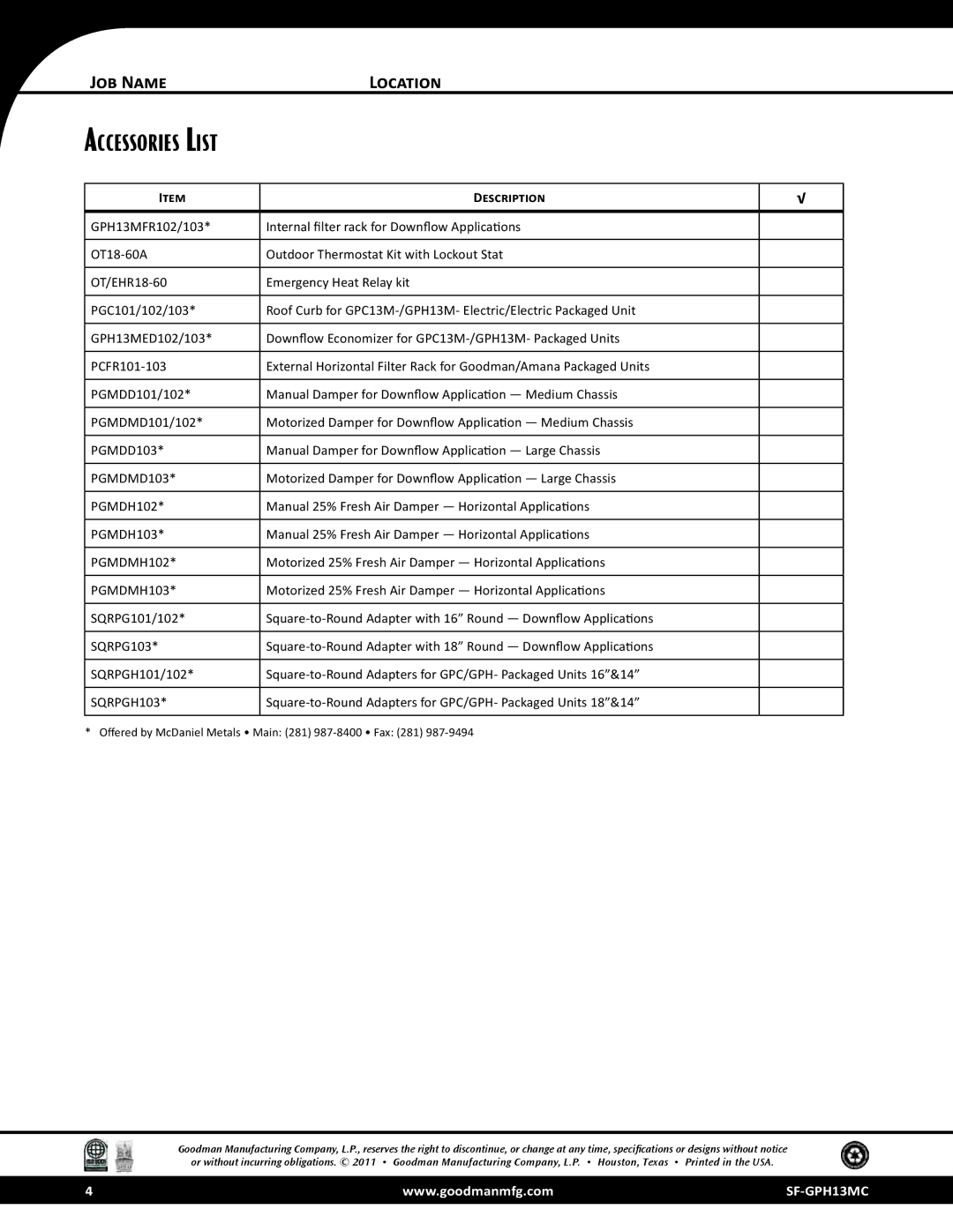 Goodman Mfg GPH13M dimensions Accessories List, Description 