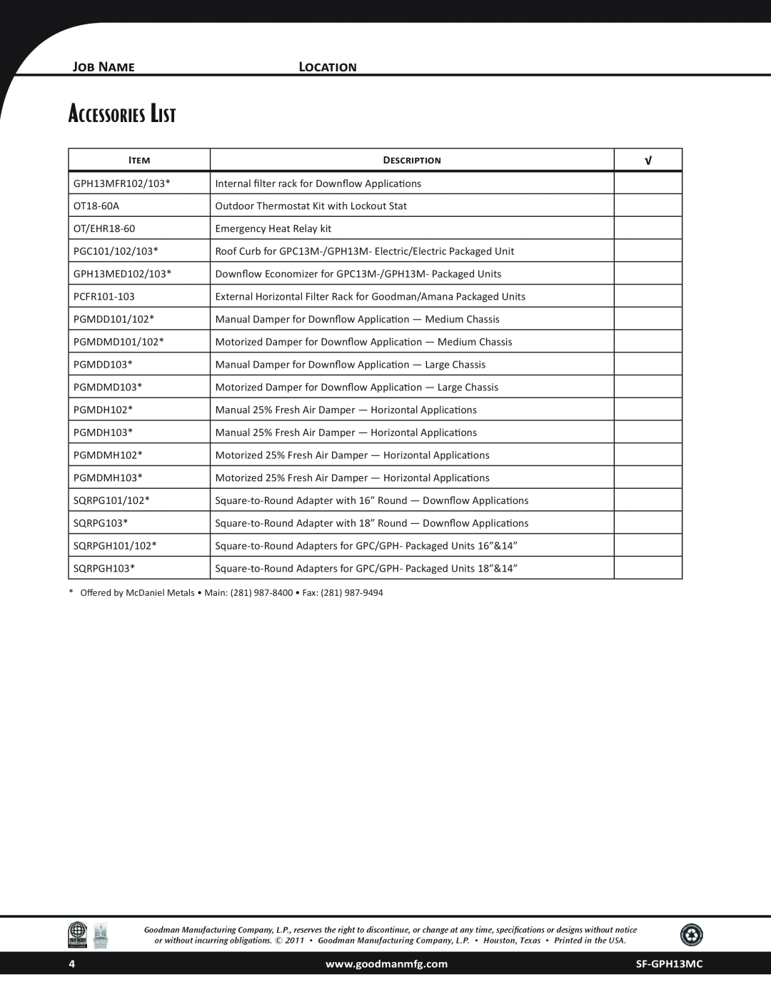 Goodman Mfg dimensions Accessories List, Job Name, Location, Description, SF-GPH13MC 