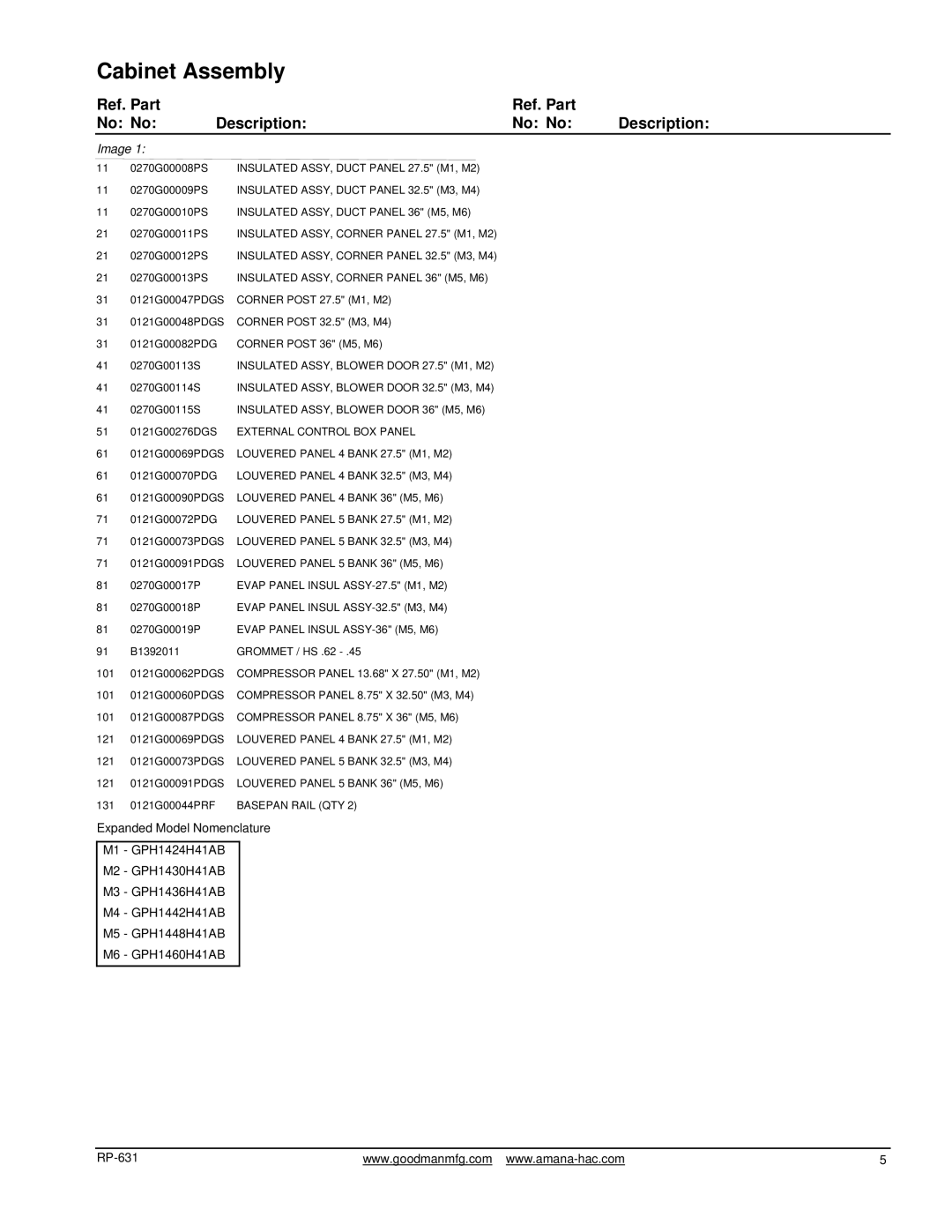 Goodman Mfg GPH1460H41AB, GPH1442H41AB, GPH1436H41AB, GPH1424H41AB, GPH1448H41AB manual Ref. Part No No Description, Image 