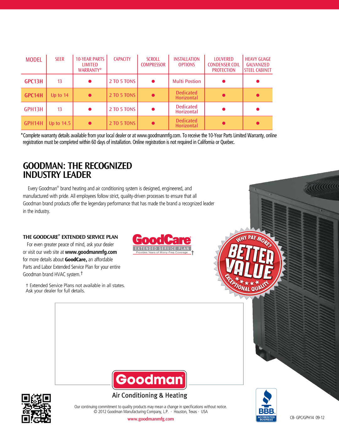 Goodman Mfg GPH14H manual For even greater peace of mind, ask your dealer, Goodman brand Hvac system. † 