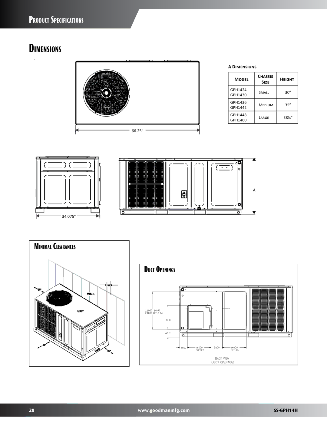 Goodman Mfg GPH14H dimensions Dimensions Model Chassis Height, Size 